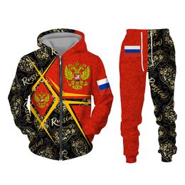 Merk Mode Hoodie/Jas Broek Pak Russische Vlag Gedrukt Mannen Vrouwen Rits Sweatshirts Set Herfst En Winter 2 st Trainingspak 220211