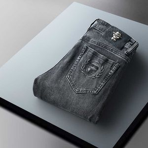 Marque Mode Hommes Jeans Qualité Petit Relief Gris Noir Élastique Slim Fit Pantalon