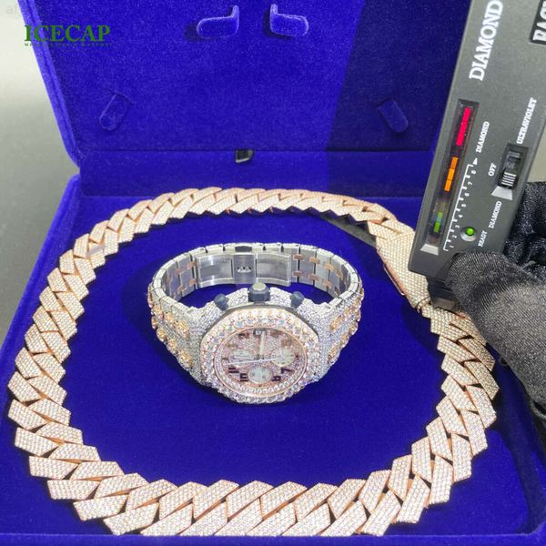 Marca de moda para mujer, nuevo diseño, reloj de diamante Vvs Moissanite, forma redonda, joyería de hielo, conjuntos de cadena Cuabn de 41mm