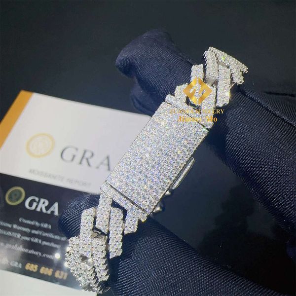 Marca de moda mujer Elegante 12 mm Dos hileras 925 Plata maciza Iced Out Hip Hop Joyería de fuego Moissanite impecable Pulseras de cadena de eslabones cubanos de la mejor calidad