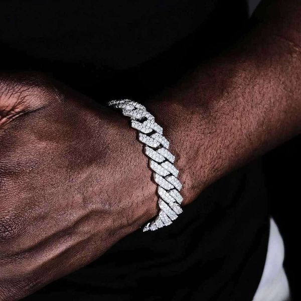 Marca de moda para mujer, venta al por mayor, pulsera personalizada de Hip Hop S925 de plata esterlina para hombre, cadena de eslabones cubanos de moissanita de 14mm para hombres