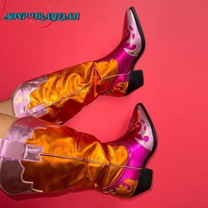 Merk Vrouw metallic 116 Western Fashion Mixed Colors Pointed Toe Cowgirl Boots Women D Chunky Heel Woman Shoes 230807