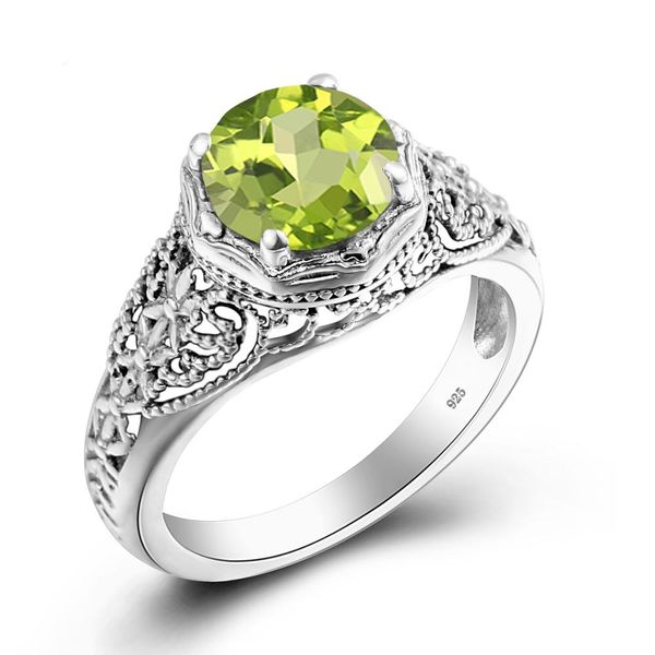 Marque Fine Jewelry Solid 925 Sterling Silver Green Peridot Ring Round Olivine Stone Weding Anniversaire Femmes Accessoires
