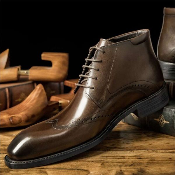 Marque véritable cuir de vache homme cheville noir marron chaussures Type robe botte à lacets chaussure formelle acheter des bottes pour hommes