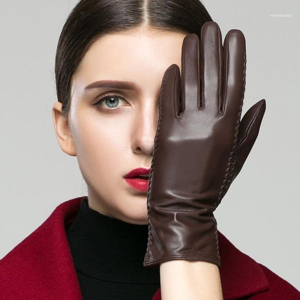 Marque en cuir véritable écran tactile femmes gants hiver Plus velours mode élégant haute qualité gant en peau de chèvre 2021 411