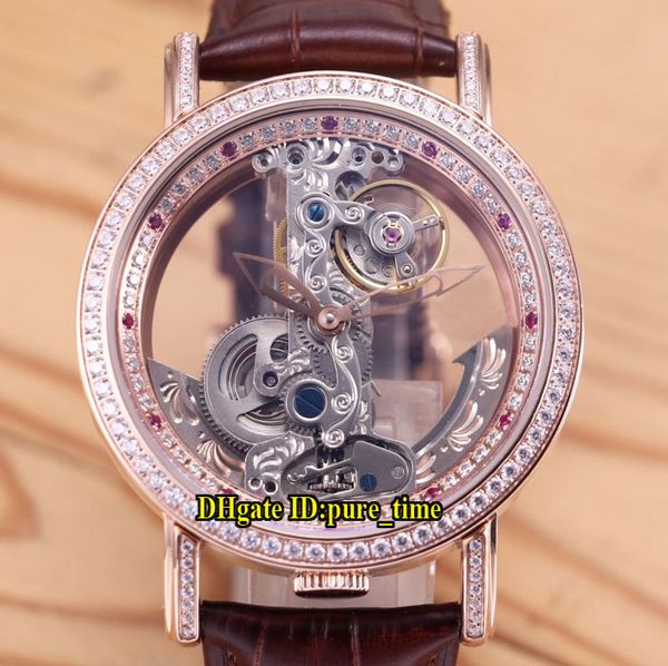 Golden Bridge Skeleton Transparent Cadran Blanc Cas automatique Tourbillon Mens Watch Rose d'or Double Diamond Bezel Montres Gents