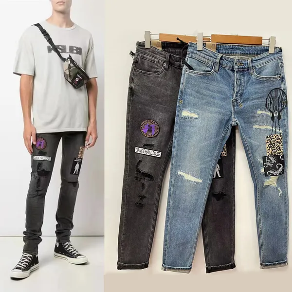 Marca de alta calidad Diseñador ksubi Jeans para hombre Pantalones de hombre Rip Denim Biker Pintura gris Distress Stretch Motorcycle Bone Halloween jeans morados para hombres
