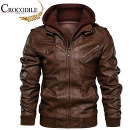 Brand Hood Mens Lederen Jacket Motorfiets Winter Fleece Warm Biker Vintage Coat Moto Casual Slim Pilot Leather Jackets 240320