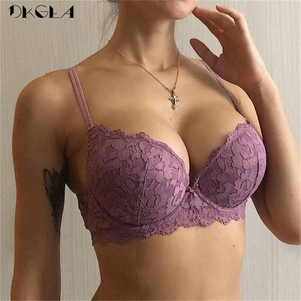 Marque Hot Sexy Push Up Soutien-gorge Deep V Brassiere Épais Coton Femmes Sous-Vêtements Dentelle Violet Broderie Fleurs Lingerie A B C Cup Bras LJ200821