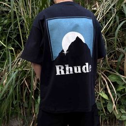 Marca Ins Rhu camiseta Rhude 21ss Snow Mountain Sunset Theme Print Round Black Wash Water Make Old Couple T-shirt Short s