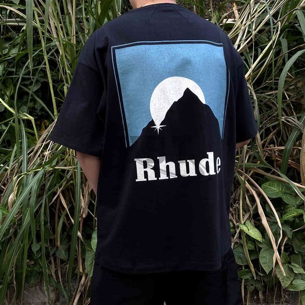 Brand Ins Rhu thirt Rhude 21ss Snowing Sunset Tema impreso Reducir agua Negra Agua de lavado Haga una camiseta de pareja Old