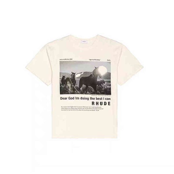 Marque Ins Rhu T-shirt Sable en bas de la colline un groupe d'animaux poneys slogan imprimé lâche manches courtes Beige T-shirt LA MH