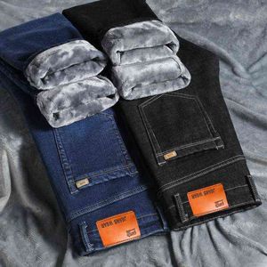 Marque Jeans Hommes Hiver Chaud Polaire Denim Pantalon Droit Élastique Grande Taille Casual Affaires En Plein Air Tissu Homme Pantalon G0104