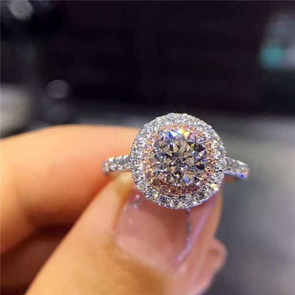 Markenschmuck Ring aus 925er-Sterlingsilber, Rundschliff, 2 Karat Diamant, Rosa, 2 Surround-Pave-Fassung, CZ-Ehering für Damen, Größe 4–9,5