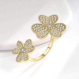 Brand Jewelry Original Van Clover Ring femelle Double Fleur Full Diamond Open Open Petals Simple Live Broadcast