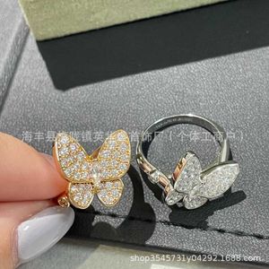 Brand Jewelry Original Van V Gold High Ding Butterfly Ring Full Diamond Blue Turquoise Precision Edition