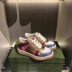 Marque enfants chaussures paillettes brillantes garçons filles baskets taille 26-35 y compris les boîtes toile cuir épissage bébé chaussures de créateur Jan20