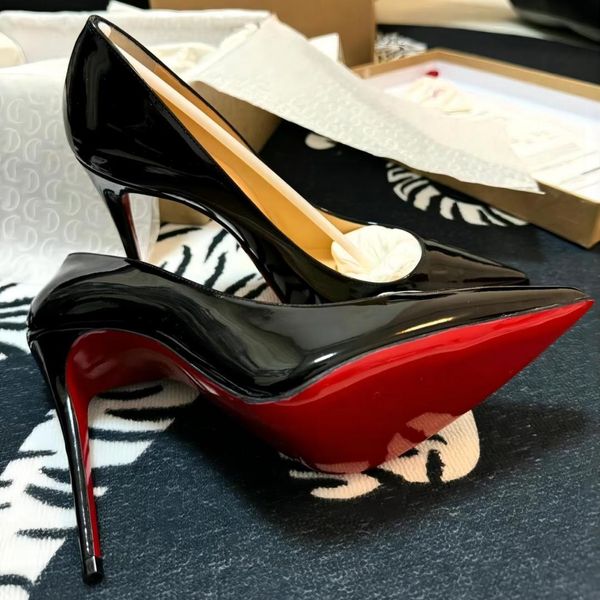 Brand dames chaussures habillées rouges semelles brillantes 8cm 10cm 12cm stiletto pointu à orteil en cuir authentique Nude Black Wedding Chaussures 34-44