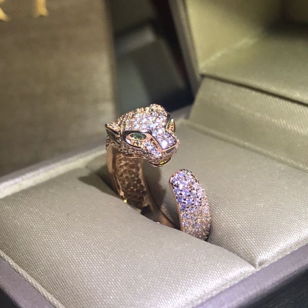 anillo de oro anillos de diseño para mujer Marca Cabeza de leopardo Anillo lleno de diamantes Lujo Oro de 18 quilates y plata Anillo de oro rosa para hombre Anillo de joyería de diseñador