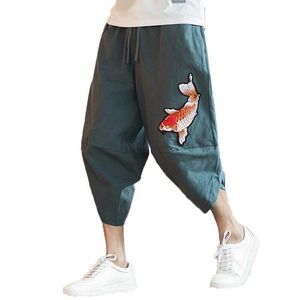 Merk losse bijgesneden broek Japanse en Koreaanse stijl zomer mode inktvis borduurwerk heren grote maat harembroek 210531