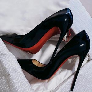 Marque de luxe chaussures habillées chaussures pour femmes rouge brillant bas bout pointu Sexy noir talon aiguille Banquet de mariage 8 10 12 cm