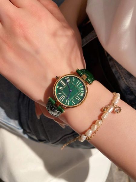 Reloj de pulsera de cuarzo de cuero genuino de marca de lujo Relojes de números romanos geométricos de la vendimia Reloj de acero inoxidable femenino con esfera de nácar verde