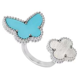 Marca Luxury Love Sweet Clover Butterfly Designer Band Band Rings para mujeres Madre de Pearl Blue Limited Edition Lindo Charm Elegant Ring Wedding Jewelry Buen regalo