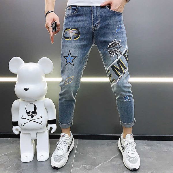 Marca Hombres Jeans Slim Denim Pantalones Moda Carta Impreso Estiramiento Pantalones Azules Tobillo Longitud Casual Slim Fit Street Wear Jeans 210527