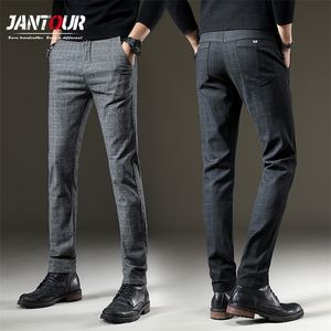Merk mannen s plaid broek casual elastische lange broeken katoen grijs zwart blauw dun werk broek voor mannelijke klassieke kleding joggen 220524
