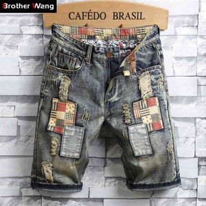 Pantalones cortos de mezclilla rasgados de estilo Retro para hombre de marca, ropa vaquera con parche de agujero informal a la moda de verano para hombre 210629