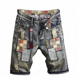 Marca de estilo retro de los hombres pantalones cortos de mezclilla rasgados 2024 Verano Nuevo Fi Casual Hole Patch Jean Shorts Ropa de marca masculina 13tT #