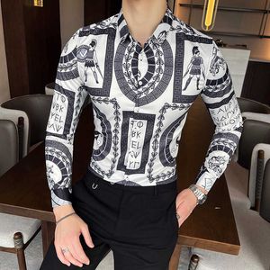 Chemises pour hommes de marque à manches longues Slim Casual Shirt Vintage Print Streetwear Social Office Blouse Male Business Dress Shirts 210527