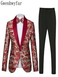 Brand Men Pak 2019 Wedding Suits For Men Shawl Collar 2 stuks Slim Fit rood met Golden Suit Mens Hoge kwaliteit Tuxedo Jacket7662443