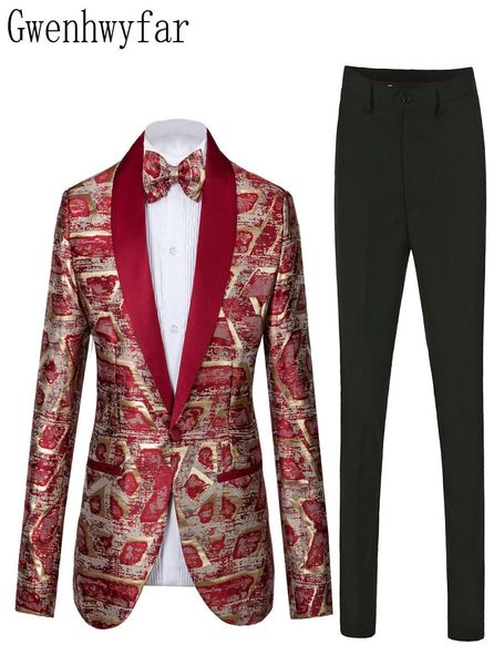 Brand Men Suit 2019 Trajes de boda para hombres Collar de chal 2 piezas delgada de color rojo con traje dorado para hombre de alta calidad Jacket de alta calidad76662443