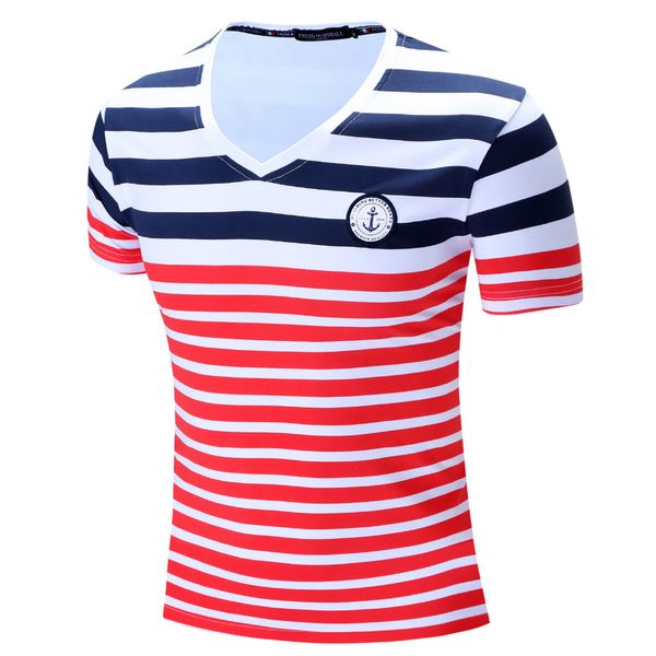 Camiseta de marca para hombre, camiseta informal de manga corta con cuello en V, camiseta de verano a rayas rojas y blancas, camiseta de algodón para hombre 210518
