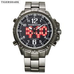 Marca masculina relógio duplo fuso horário pulseira de aço inoxidável digital quartzo waterpoof pulso relógios202m