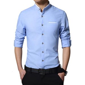 Marque hommes chemise décontractée à manches longues col à bandes facile d'entretien chemises sans col coupe ajustée chemise habillée pour hommes d'affaires 240301