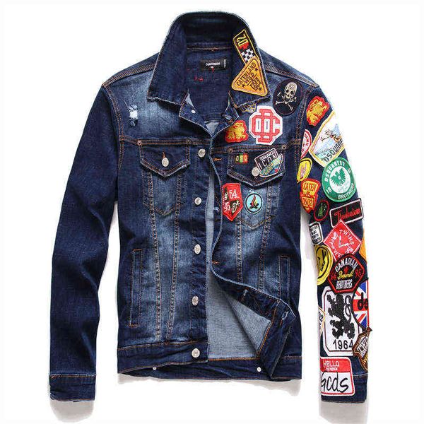 Chaquetas de mezclilla para hombre de marca Casual Slim Ripped Badge Jean Coats Street Hip Hop Punk Blue D2