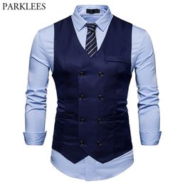 Marque Mens Double Breasted Costume Gilet Mode Slim Fit Gilet sans manches Hommes Business Mariage Gilets Gilet Costume Homme 201123