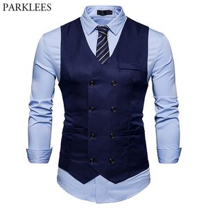 Merk Mens Double Breasted Pak Vest Mode Slim Fit Mouwloze Gilet Mannen Zakelijke Bruiloft Vesten Gilet Kostuum Homme 210923