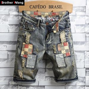 Brand Mens Retro Style Ripped Denim Shorts 2023 Summer Fashion Casual Hole Patch Jean Vêtements masculins 240328