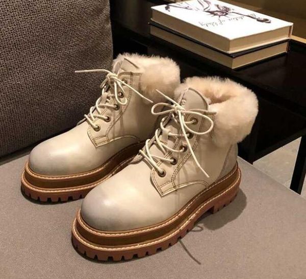 Nombre de marca Tobillo Mujer Lana Nieve Mantener caliente Caballero Cuero genuino Invierno Martin Botas con cordones SZ35-40