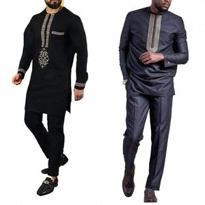 Gloednieuwe Afrikaanse Man Outfit Set geborduurde Tops Ontwerp Gedrukt mannen Sets Shirt Met Broek Afrikaanse Fi Etnische Stijl Pakken 64Cr #