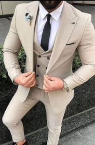 Gloednieuwe beige bruidegom Tuxedos Peak Rapel Groomsmen trouwjurk Uitstekende man jas blazer 3 -delige pak