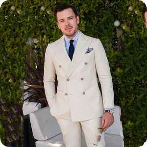 Brand New Beige Men Wedding Tuxdos Double-Breasted Groom Tuxedos Excellent Men Jacket Blazer 2 Piece Suit (Veste + Pantalon + Cravate) 2622