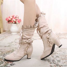 Nuevo gran dulce arco volantes tacones medios zapatero estilo gótico lolita botas de media pantorrilla zapatos de mujer 230821