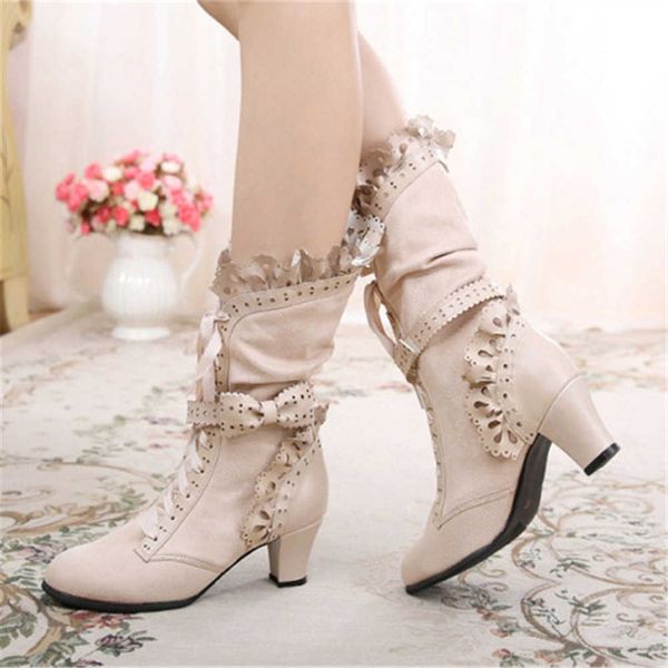 Tout nouveau grand nœud doux volants talons moyens cordonnier gothique Style Lolita bottes mi-mollet femmes chaussures 230821