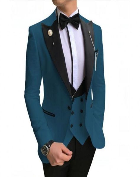 Brand New Blue Groom Tuxedos Black Peak Revers Groomsmen Hommes Robe De Mariée Style Homme Veste Blazer 3 Pièces Costume Veste Pantalon Gilet 7562889