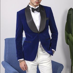 Brand New Blue Velvet Groom Tuxedos Noir Châle Revers Groomsman Mariage 2 Pièce Costume Mode Hommes Prom Veste Blazer (Veste + Pantalon + Cravate) 86