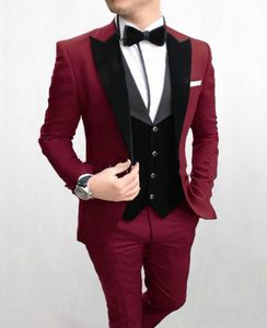 Brand New Burgundy Groom Tuxedos Black Peak Lapel Groomsmen Mens Wedding Dress Fashion Man Jacket Blazer 3Piece Suit (Veste + Pantalon + Gilet + Cravate) 9